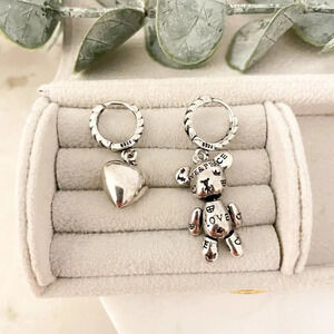 925 Sterling Silver Bear & Heart Drop Earrings Modern Asymmetric Earrings